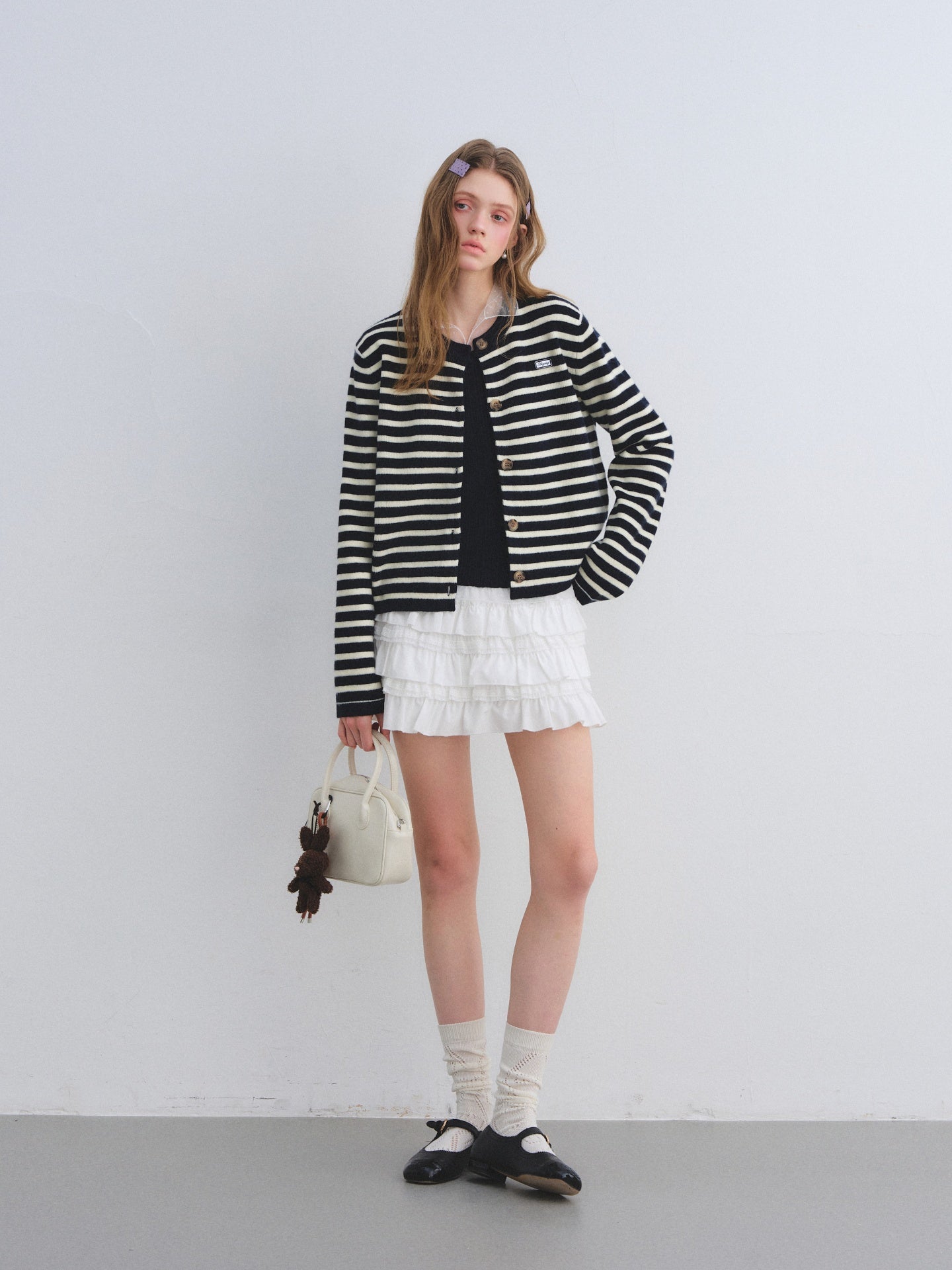 AsGony ASG25678&amp;ASG25672 Wool round neck striped knitted cardigan + skirt set