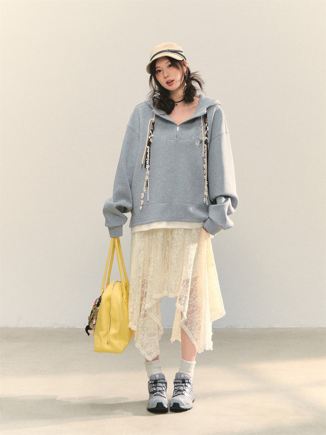 AsGony ASG25347 Flower embroidered casual loose pullover hoodie