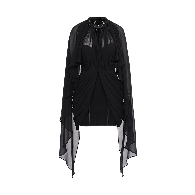 SHEERLUCK SLLYQ25301 Halter neck shawl retro pleated dress