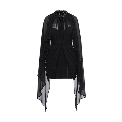 SHEERLUCK SLLYQ25301 Halter neck shawl retro pleated dress