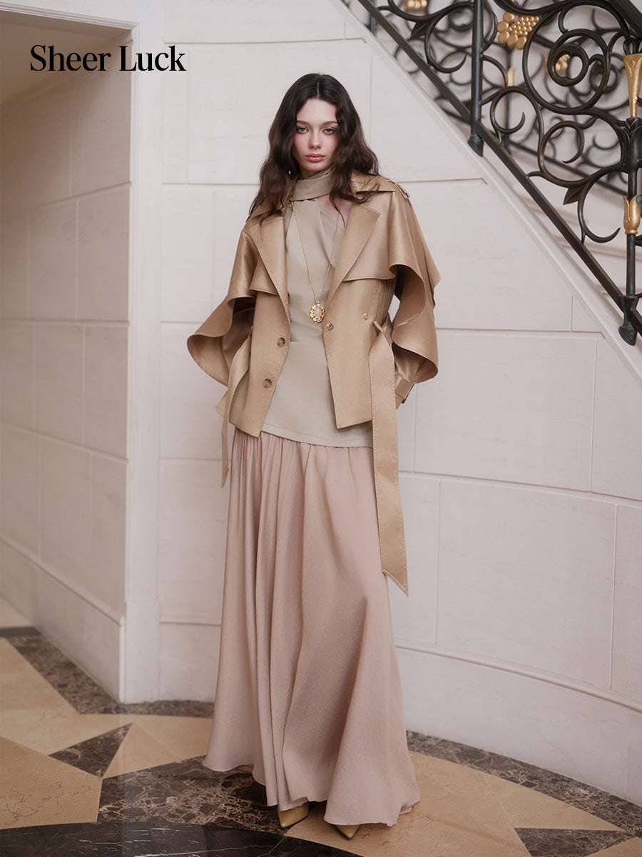 SHEERLUCK SLFY26751 Hourglass Cape  Cropped Trench Coat-Khaki