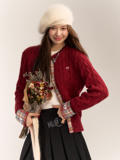 AsGony ASG24645 Embroidered plaid patchwork knitted coat