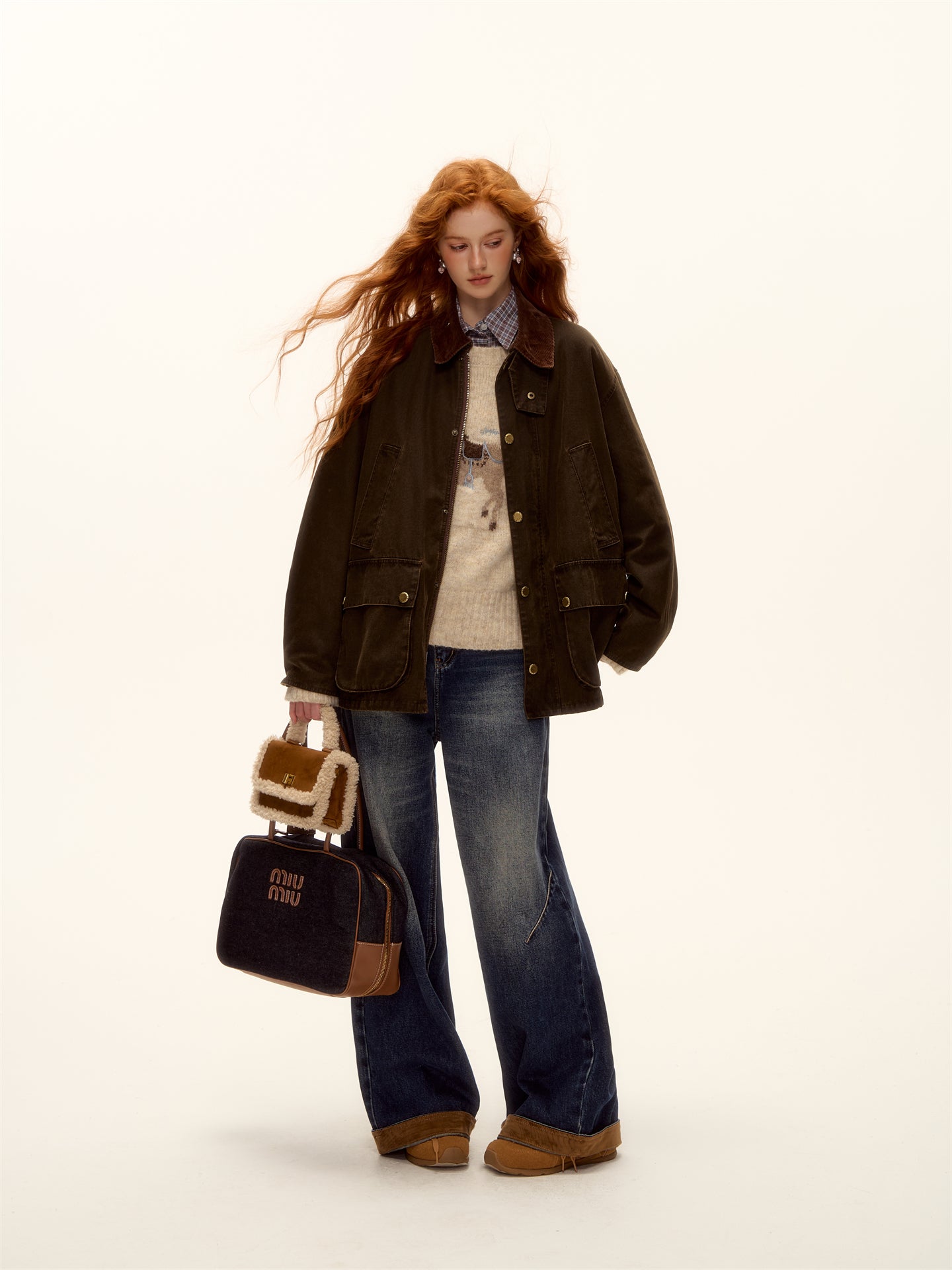 AsGony ASG25494 Plaid corduroy spliced cotton jacket