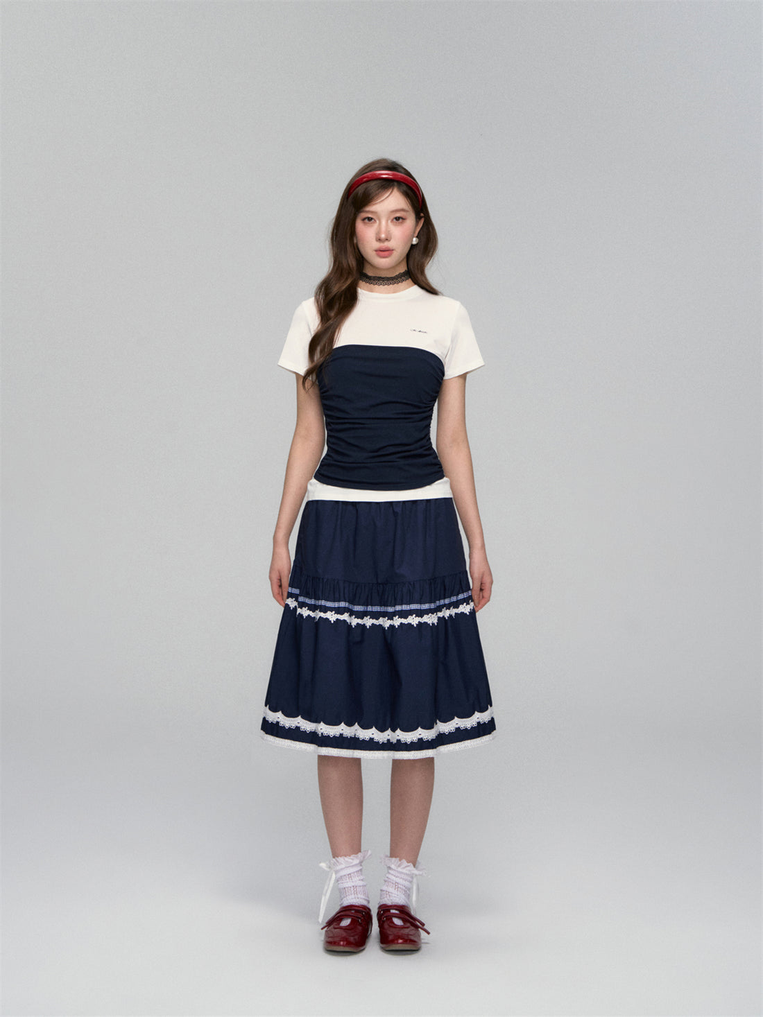 AsGony ASG25108 Fake two piece slim fit short sleeved top (2color)