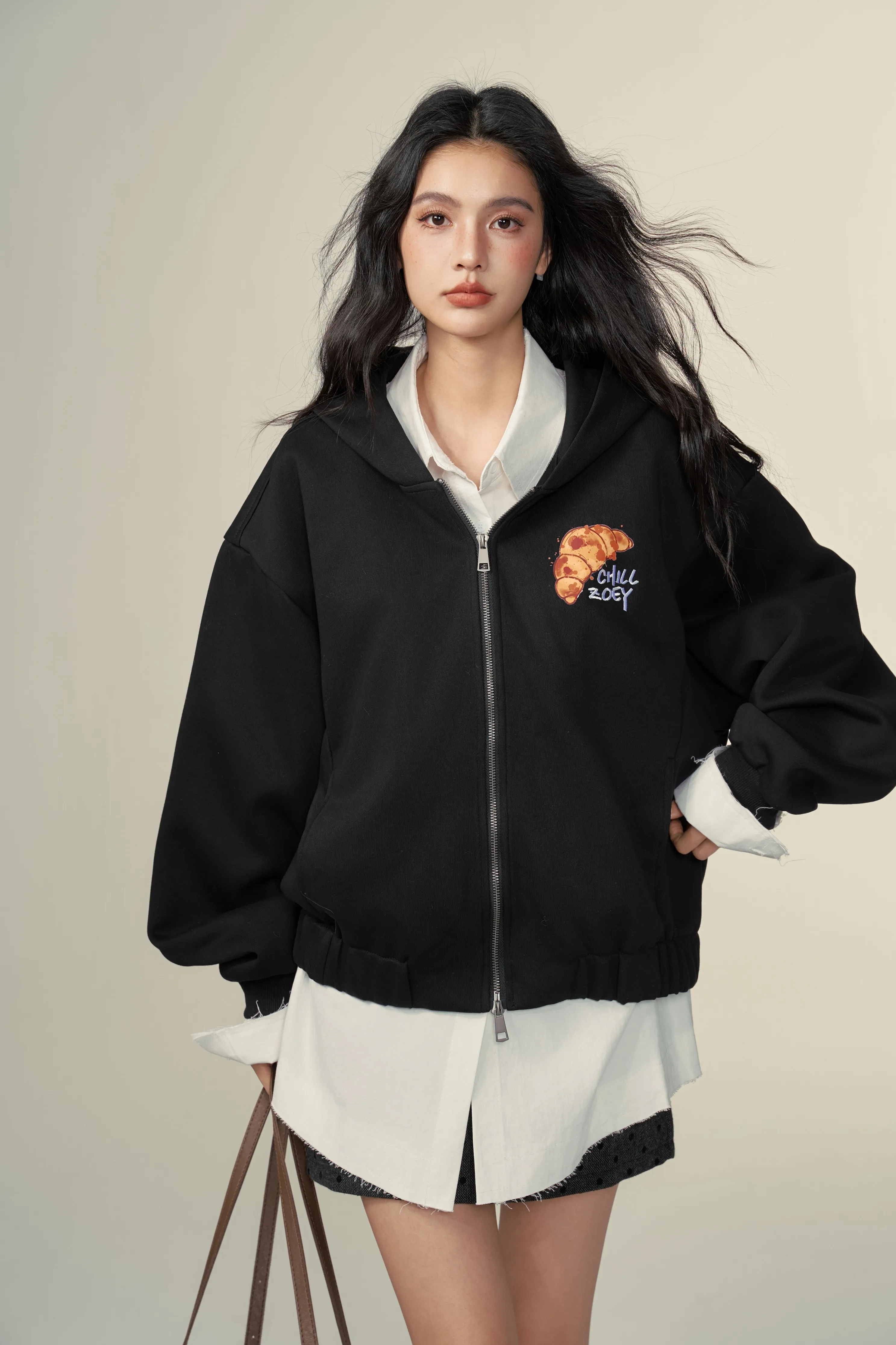 Chill Zoey Croissant mock-layered hoodie jacket