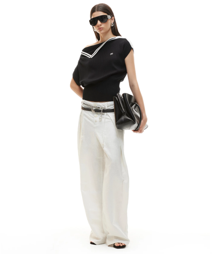 NAWS NAW-T074026 Contrast-Trim Asymmetric Off-Shoulder Striped Top