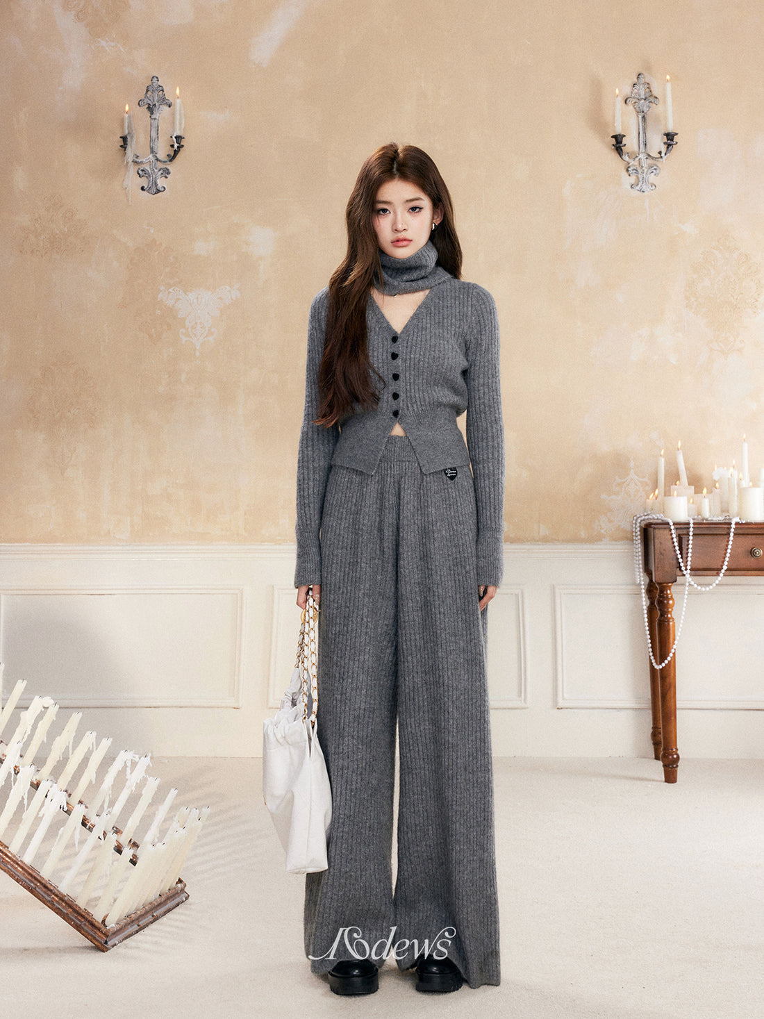16DEWS 16D23333 V-neck knitted cardigan + pants set (2color)
