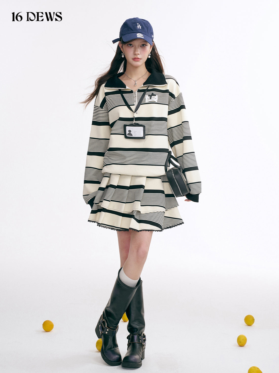 16DEWS 16D25010 Striped Polo collar sweatshirt + skirt set