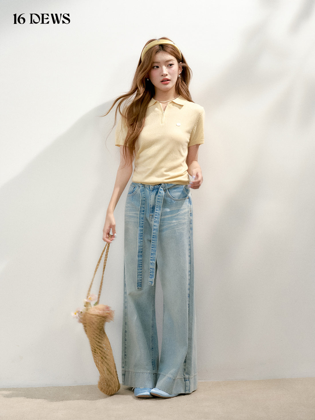 16DEWS 16D25129 Polo collar zipper short sleeved knitted sweater