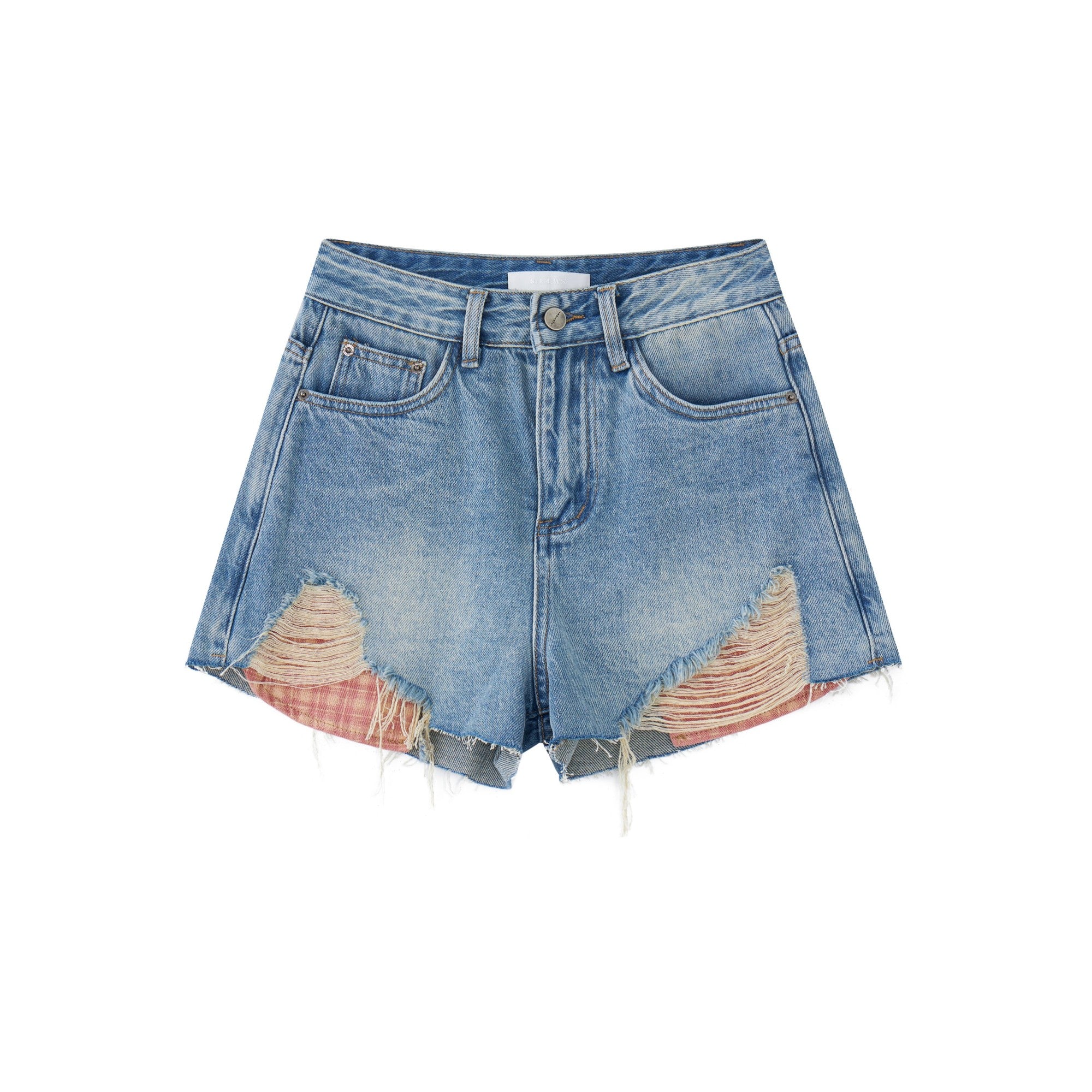 16DEWS 16D25137 Fake two piece patchwork plaid denim shorts (2color)