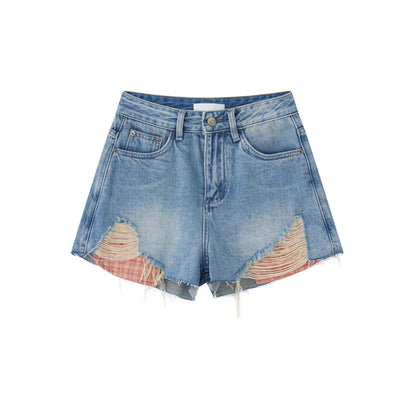 16DEWS 16D25137 Fake two piece patchwork plaid denim shorts (2color)