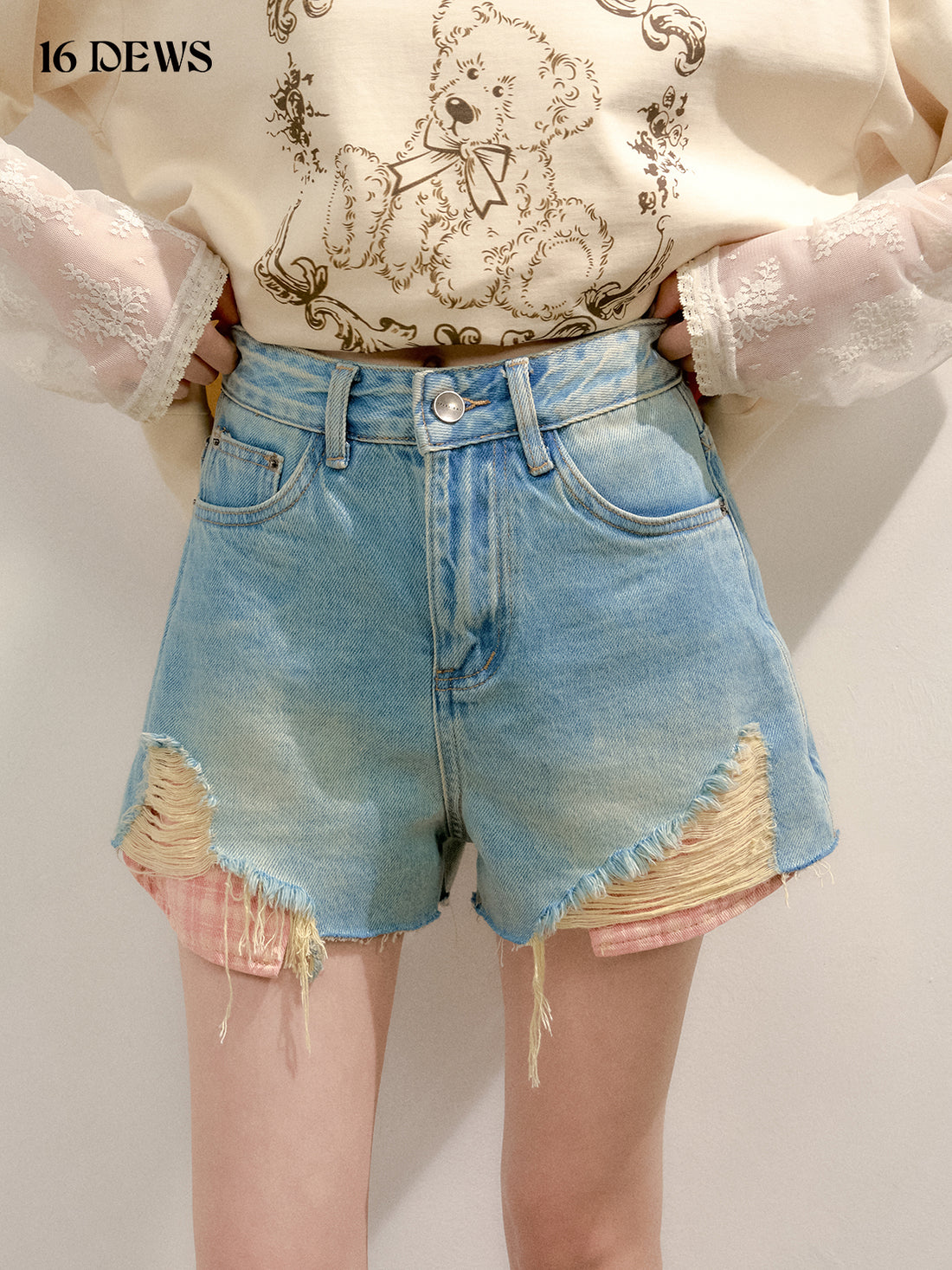 16DEWS 16D25137 Fake two piece patchwork plaid denim shorts (2color)