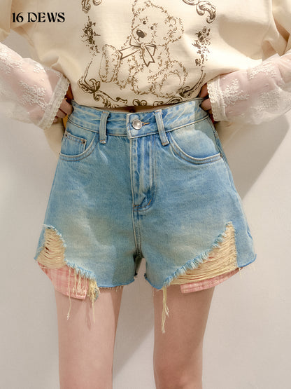 16DEWS 16D25137 Fake two piece patchwork plaid denim shorts (2color)