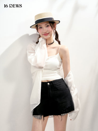 16DEWS 16D25137 Fake two piece patchwork plaid denim shorts (2color)