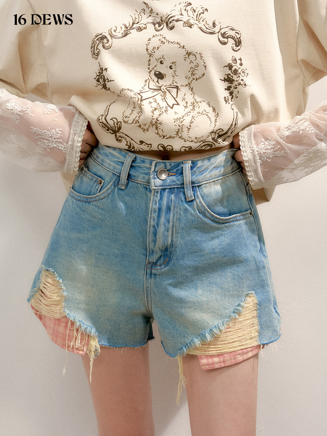 16DEWS 16D25137 Fake two piece patchwork plaid denim shorts (2color)