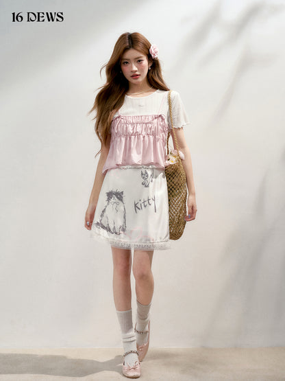 16DEWS 16D25140&amp;16D25141 Lace short sleeved T-shirt + pleated bow vest