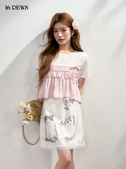 16DEWS 16D25140&amp;16D25141 Lace short sleeved T-shirt + pleated bow vest