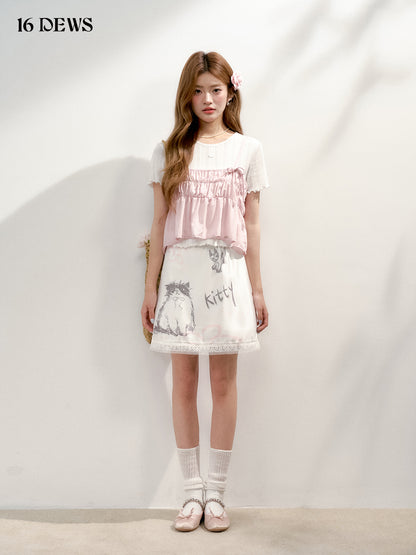 16DEWS 16D25140&amp;16D25141 Lace short sleeved T-shirt + pleated bow vest