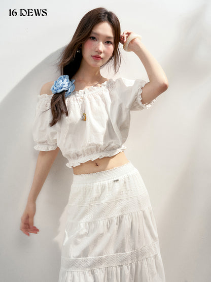 16DEWS 16D25145&amp;16D25146 Off shoulder lace top + embroidered hollow skirt