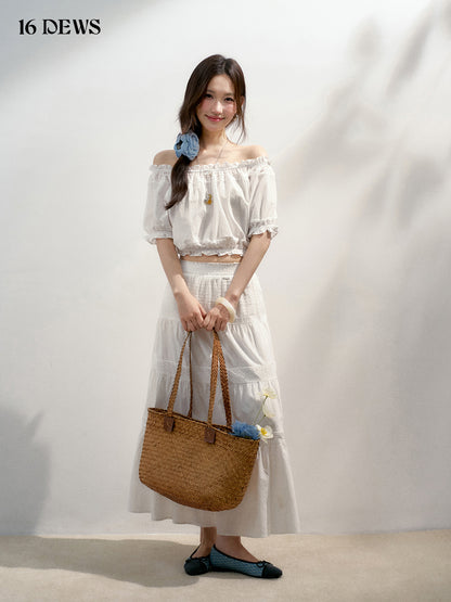 16DEWS 16D25145&amp;16D25146 Off shoulder lace top + embroidered hollow skirt