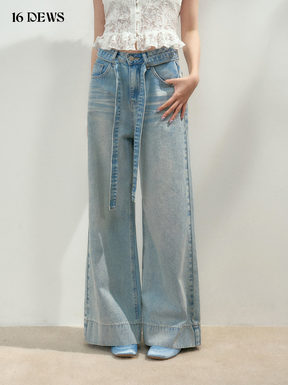 16DEWS 16D25149 High waisted lace up denim wide leg pants