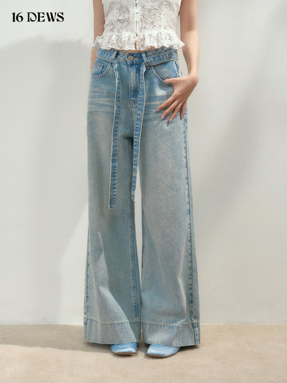 16DEWS 16D25149 High waisted lace up denim wide leg pants