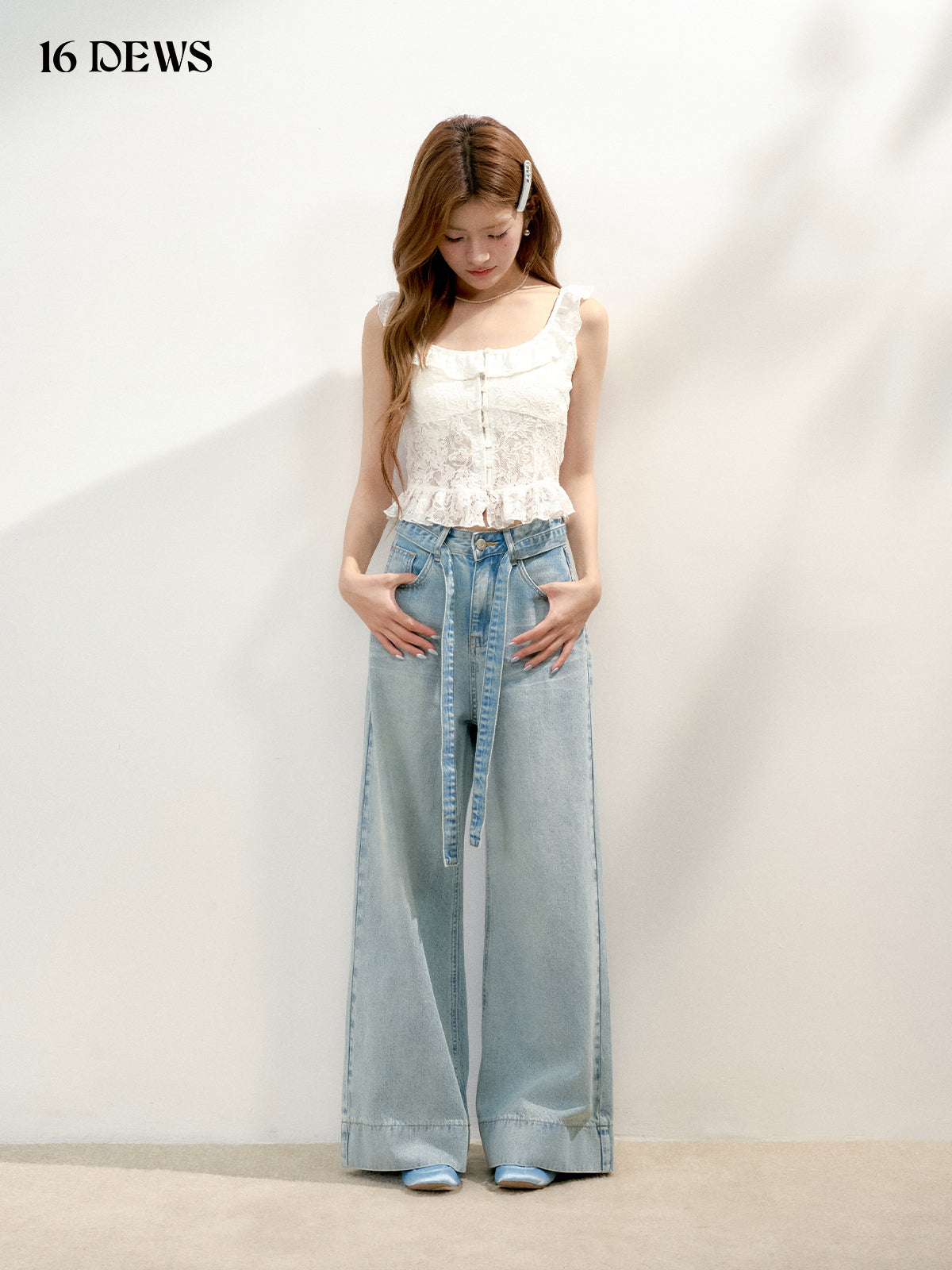 16DEWS 16D25149 High waisted lace up denim wide leg pants