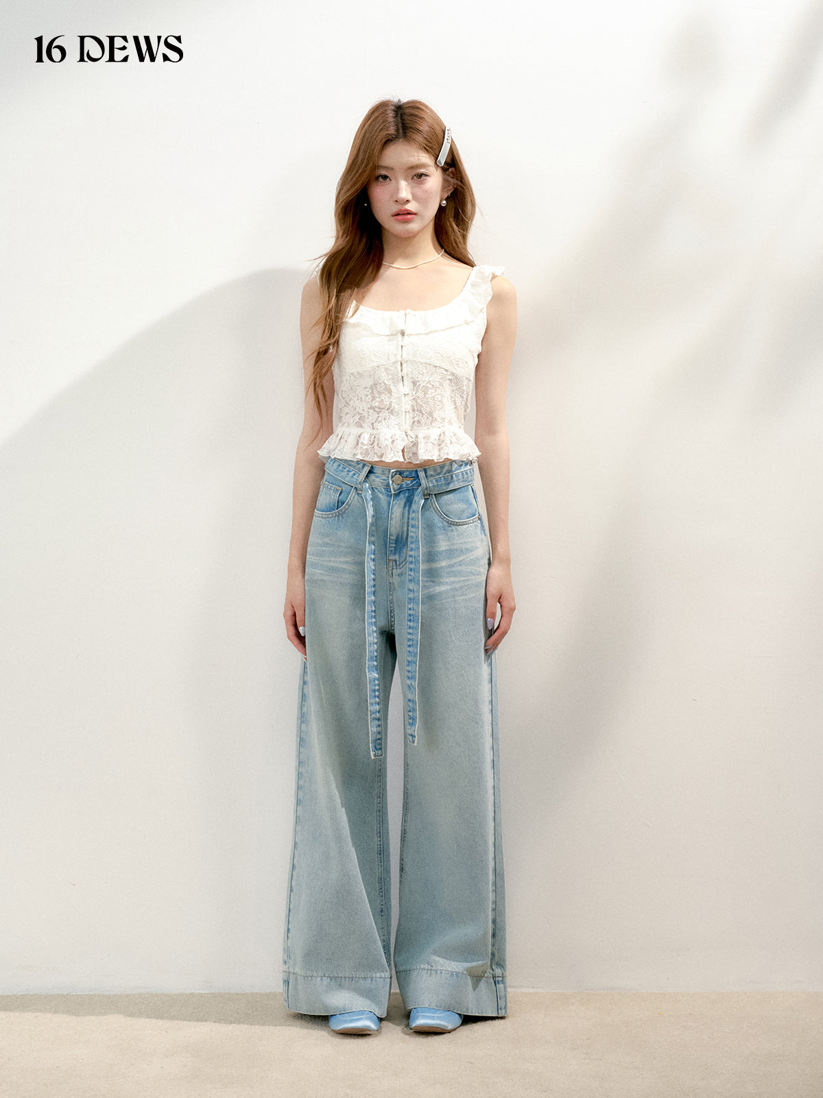 16DEWS 16D25149 High waisted lace up denim wide leg pants