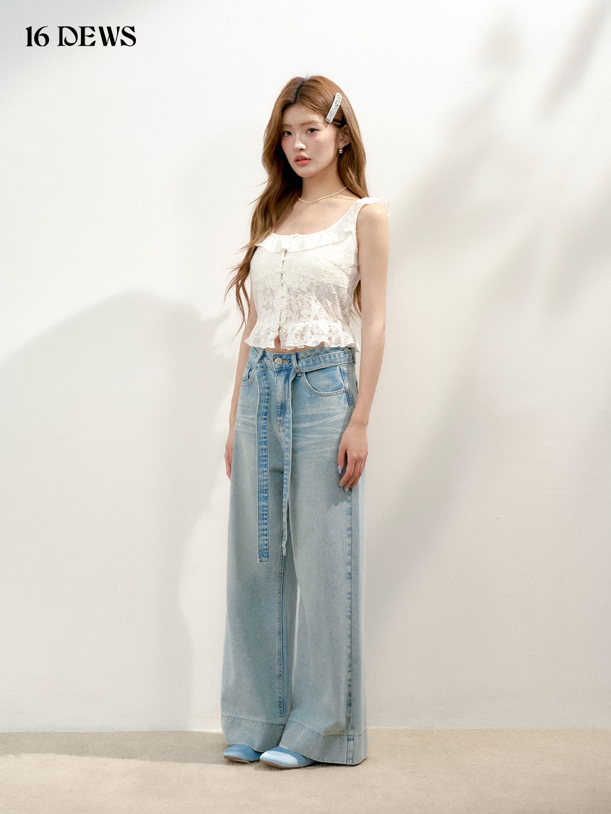 16DEWS 16D25149 High waisted lace up denim wide leg pants