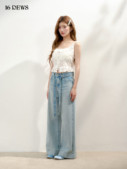16DEWS 16D25149 High waisted lace up denim wide leg pants