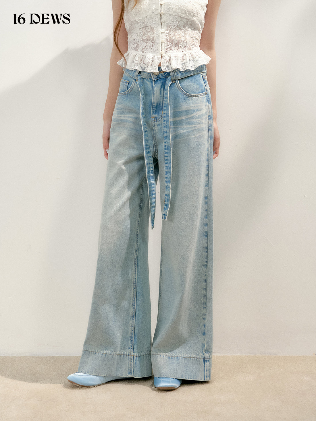 16DEWS 16D25149 High waisted lace up denim wide leg pants