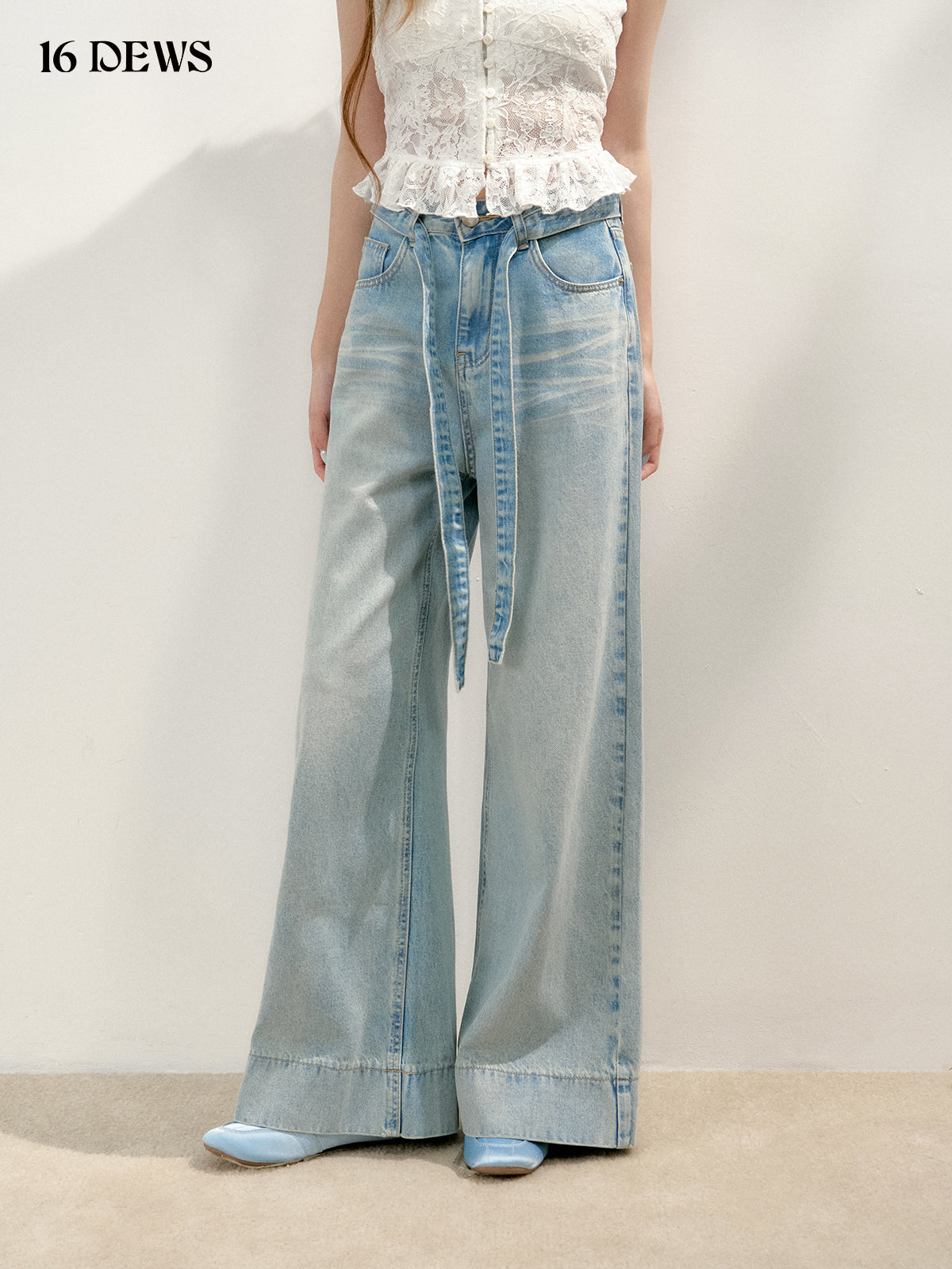 16DEWS 16D25149 High waisted lace up denim wide leg pants