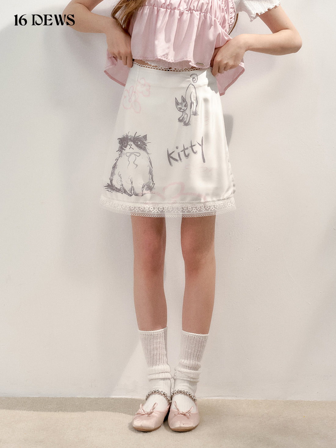 16DEWS 16D25160 Cat flower print satin lace half skirt