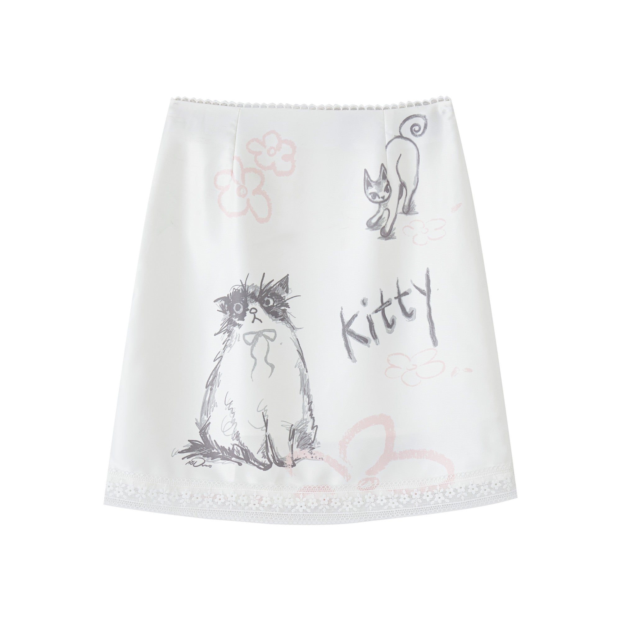 16DEWS 16D25160 Cat flower print satin lace half skirt