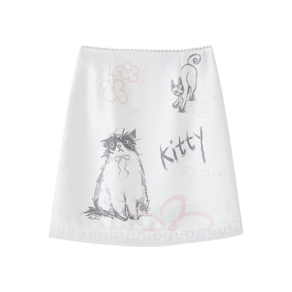 16DEWS 16D25160 Cat flower print satin lace half skirt