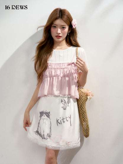 16DEWS 16D25160 Cat flower print satin lace half skirt