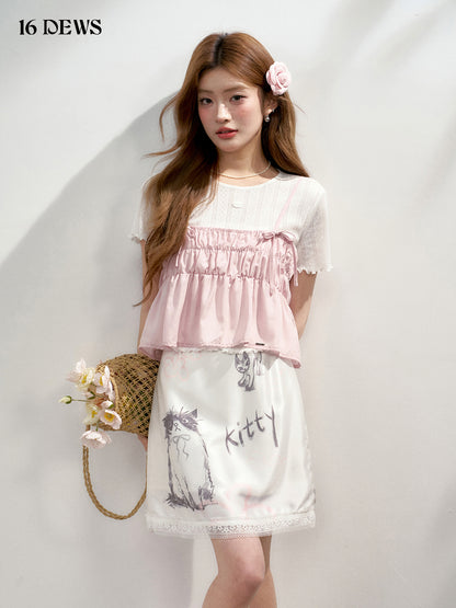 16DEWS 16D25160 Cat flower print satin lace half skirt