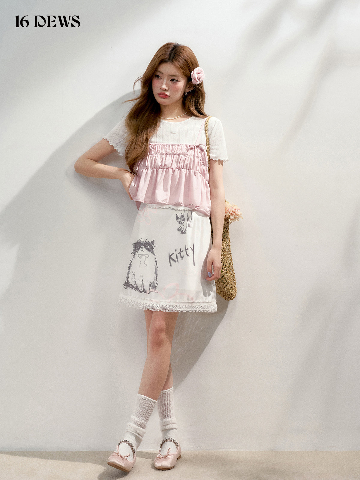 16DEWS 16D25160 Cat flower print satin lace half skirt