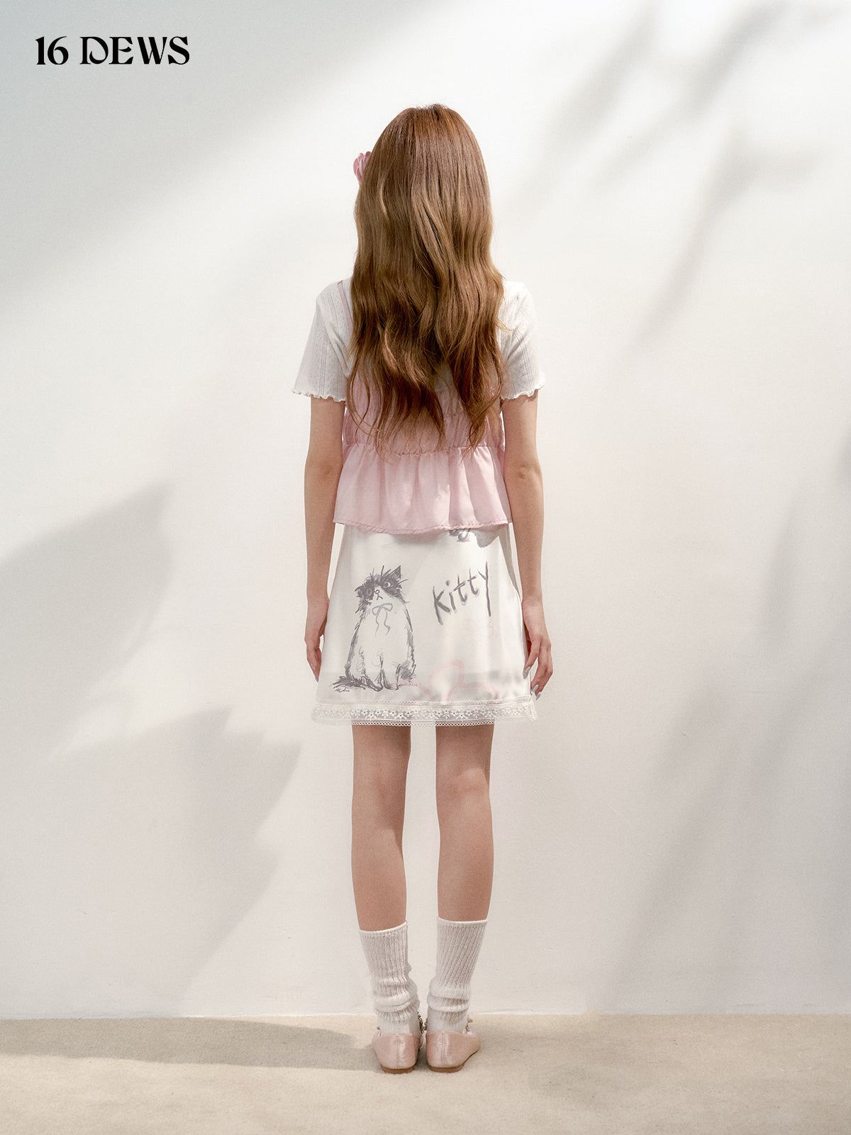 16DEWS 16D25160 Cat flower print satin lace half skirt