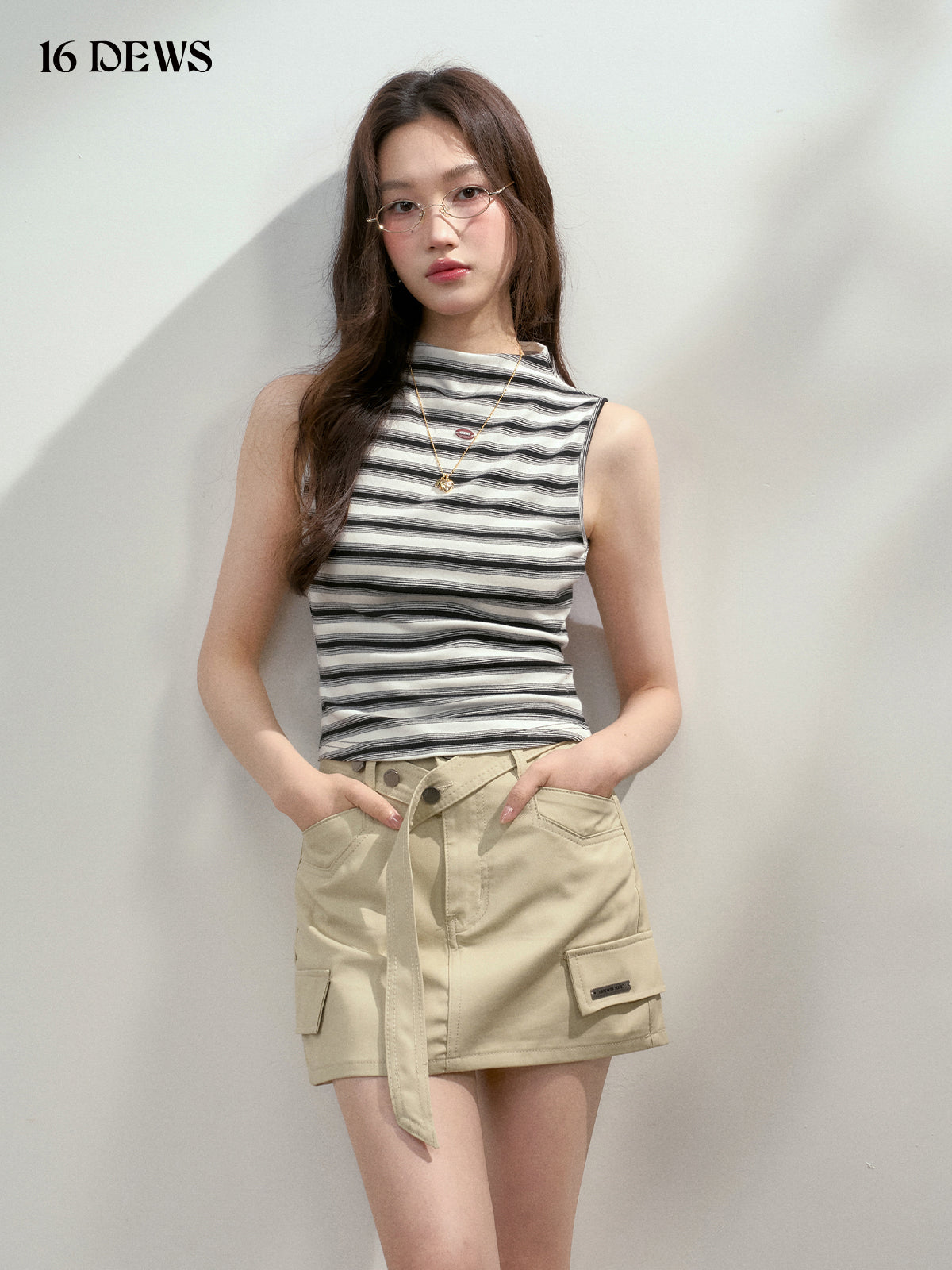 16DEWS 16D25184 Khaki workwear style high waisted skirt