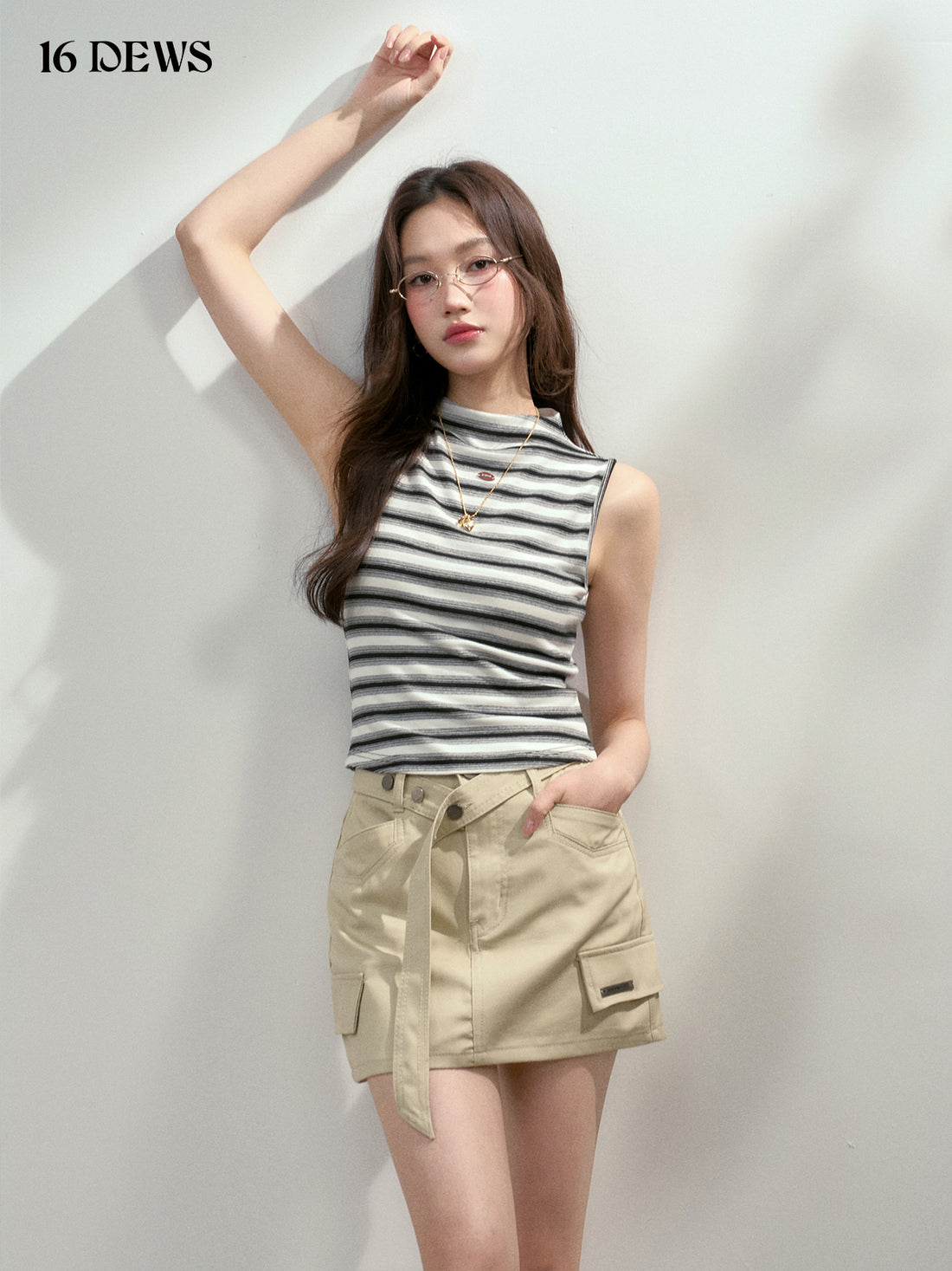 16DEWS 16D25184 Khaki workwear style high waisted skirt
