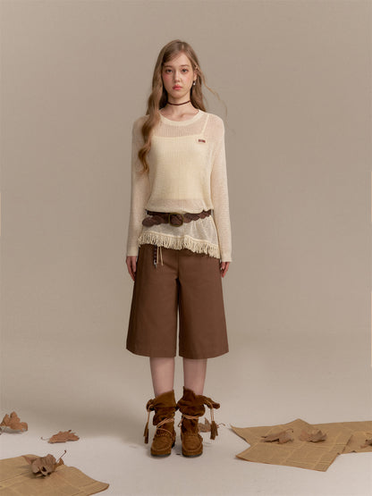 16DEWS 16D25285&amp;16D2528  Hollow knit top + Brown denim cropped pants