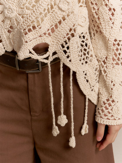 16DEWS 16D25287&amp;16D2528  Knitted hollow jacquard pullover (with camisole) + Brown denim cropped pants