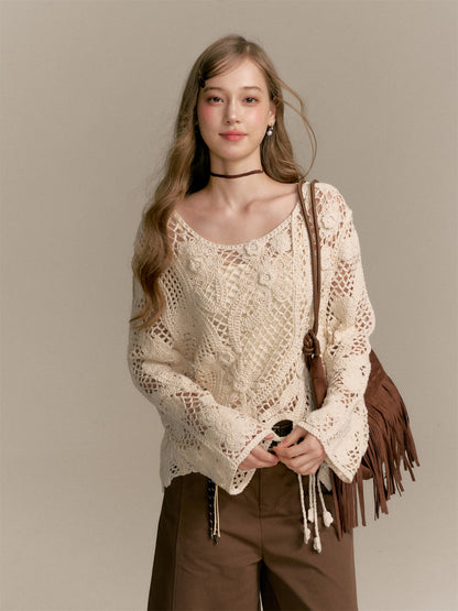 16DEWS 16D25287&amp;16D2528  Knitted hollow jacquard pullover (with camisole) + Brown denim cropped pants