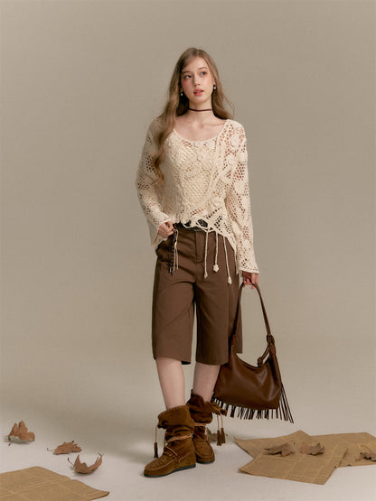 16DEWS 16D25287&amp;16D2528  Knitted hollow jacquard pullover (with camisole) + Brown denim cropped pants