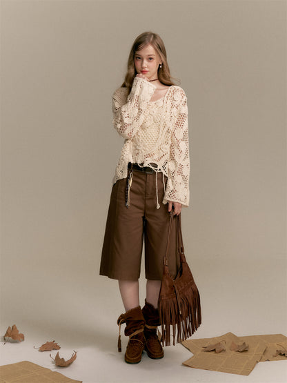 16DEWS 16D25287&amp;16D2528  Knitted hollow jacquard pullover (with camisole) + Brown denim cropped pants