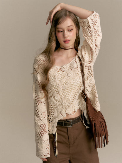 16DEWS 16D25287&amp;16D2528  Knitted hollow jacquard pullover (with camisole) + Brown denim cropped pants
