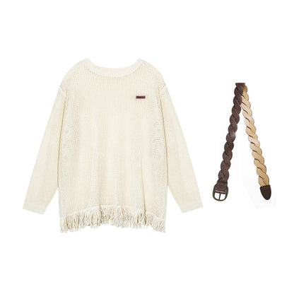 16DEWS 16D25285&amp;16D2528  Hollow knit top + Brown denim cropped pants