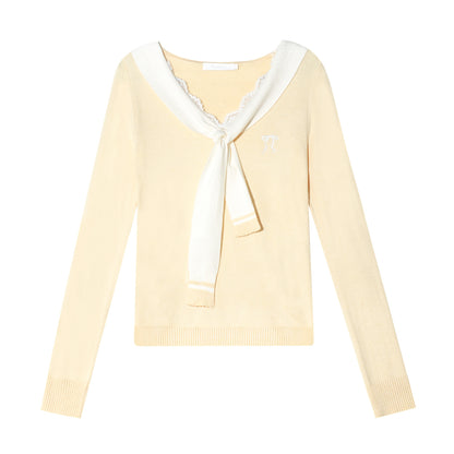 16DEWS 16D25293 Cream yellow lace patchwork long sleeved knitted sweater