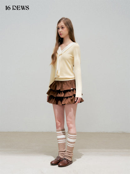 16DEWS 16D25293 Cream yellow lace patchwork long sleeved knitted sweater
